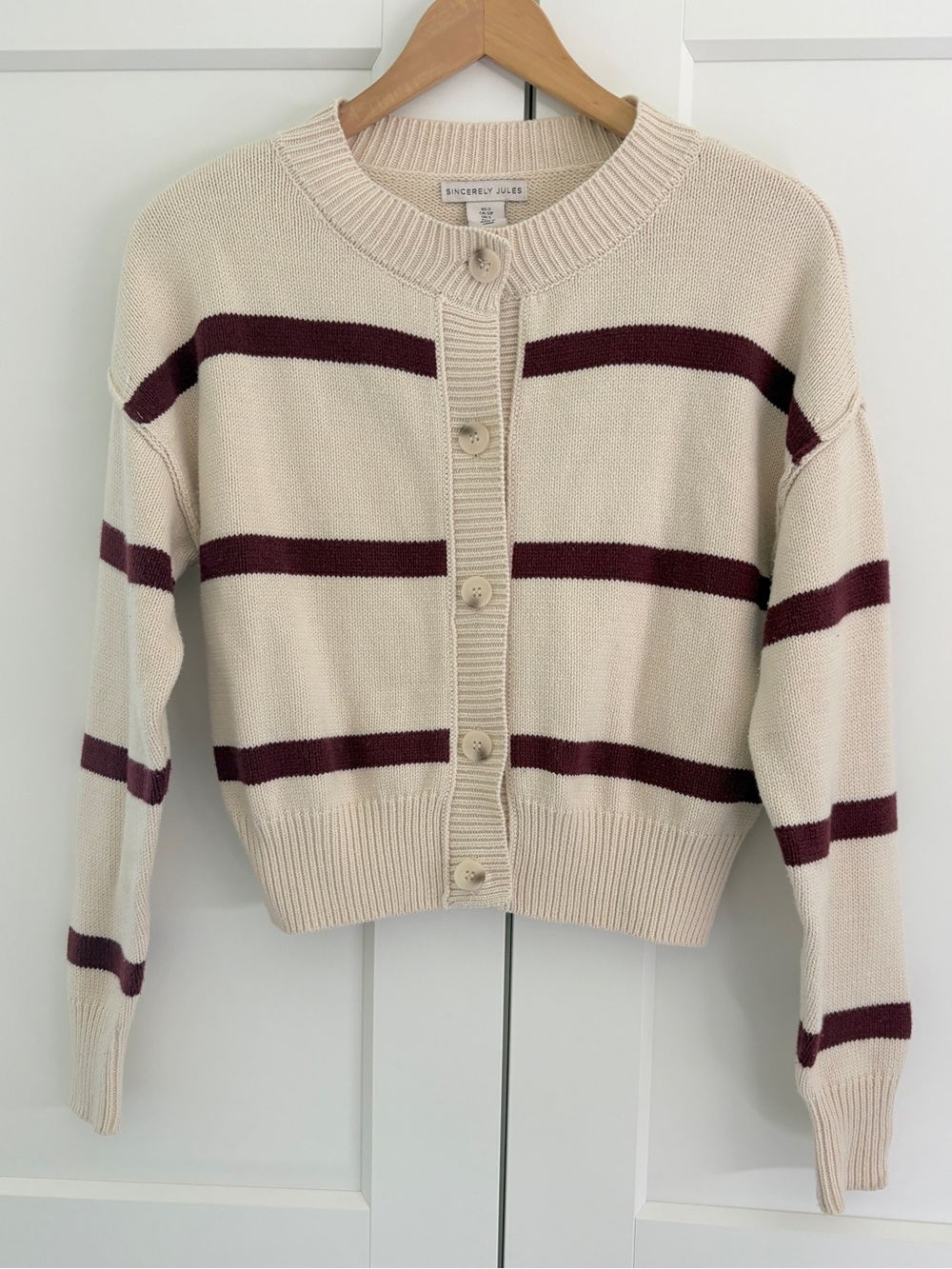Sincerely Jules Cream Cardigan with Burgundy Stripes